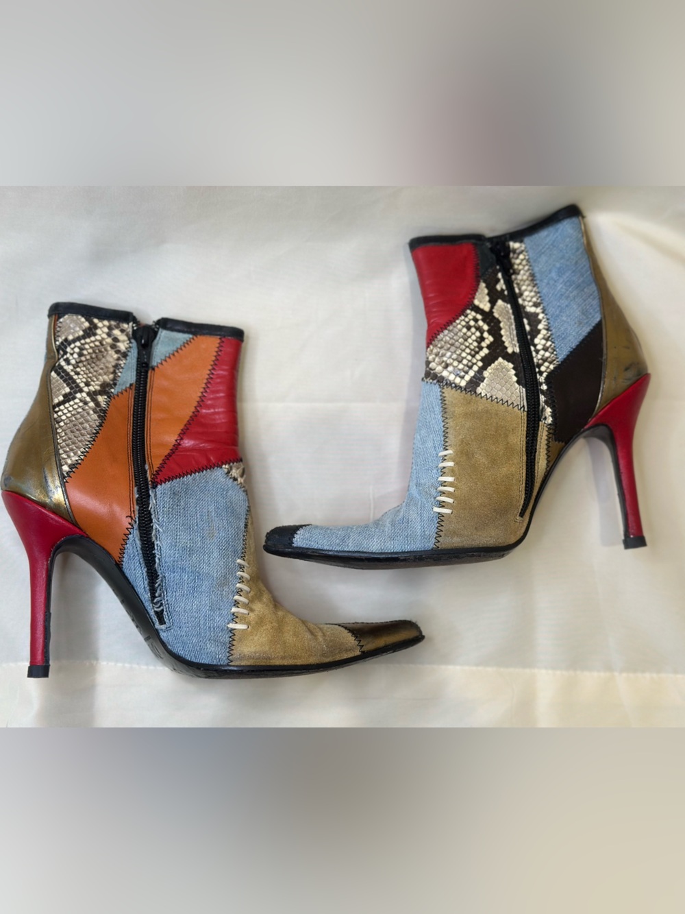 Y2k Dolce & Gabbana Patchwork denim snakeskin Stiletto Ankle Boots- 37